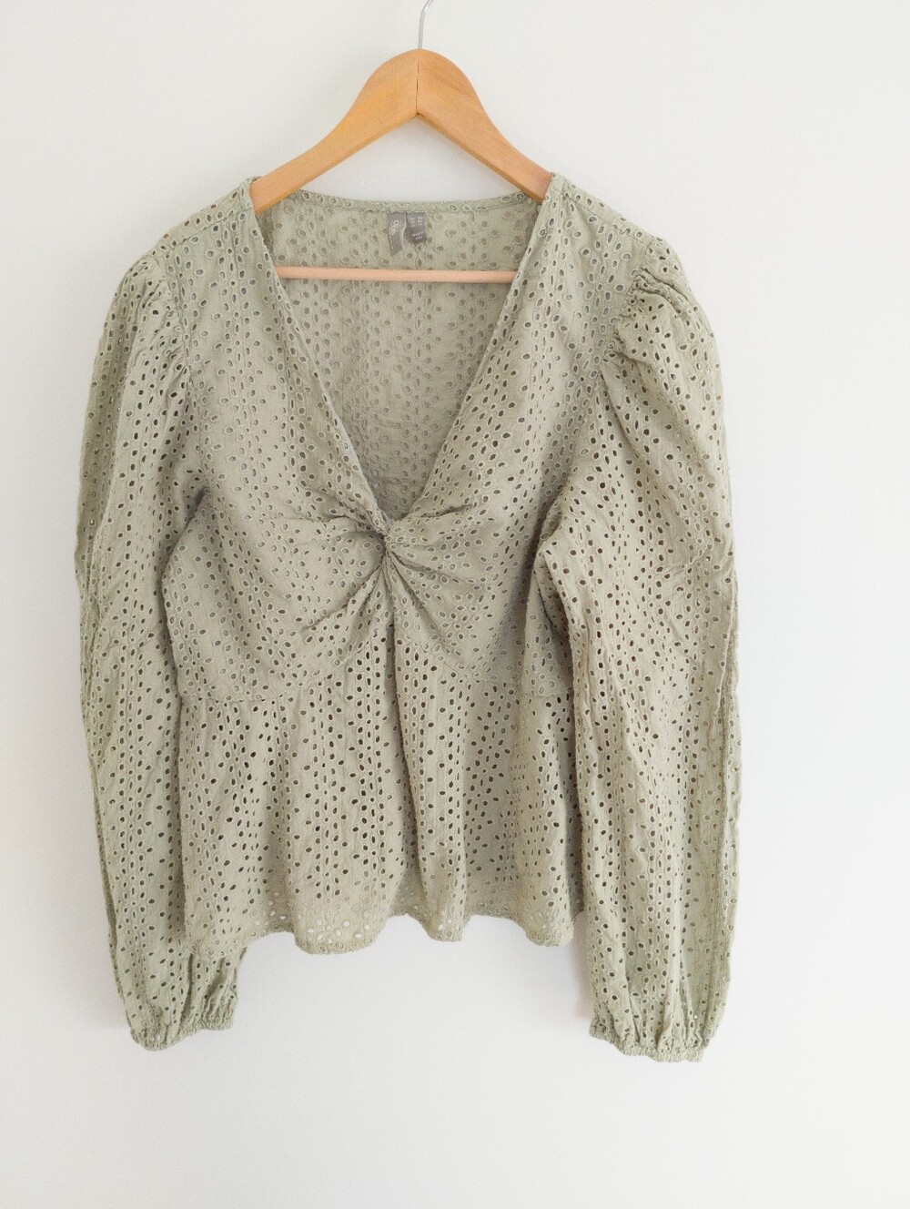 ASOS DESIGN Sage Green Broderie Eyelet Twist Front Peplum Blouse Size 16 US